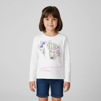 Girls Ivory Cat Long Sleeve Top