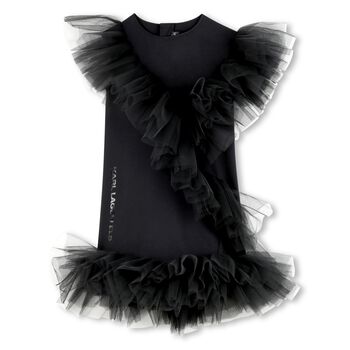 Girls Black Logo Tulle Ruffle Dress