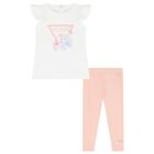 Younger Girls White & Pink Ruffled Leggings Set, 1, hi-res