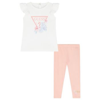 Younger Girls White & Pink Ruffled Leggings Set
