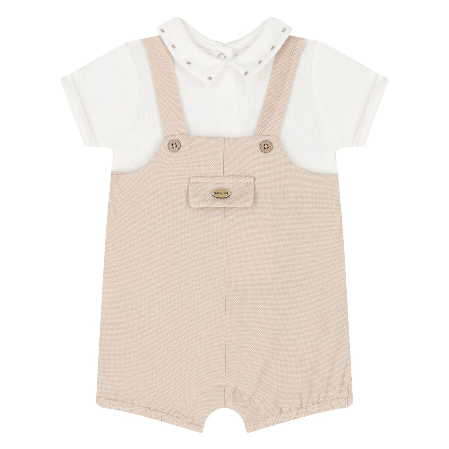 Baby Boys Beige & White Dungaree & Hat Set, 3, hi-res