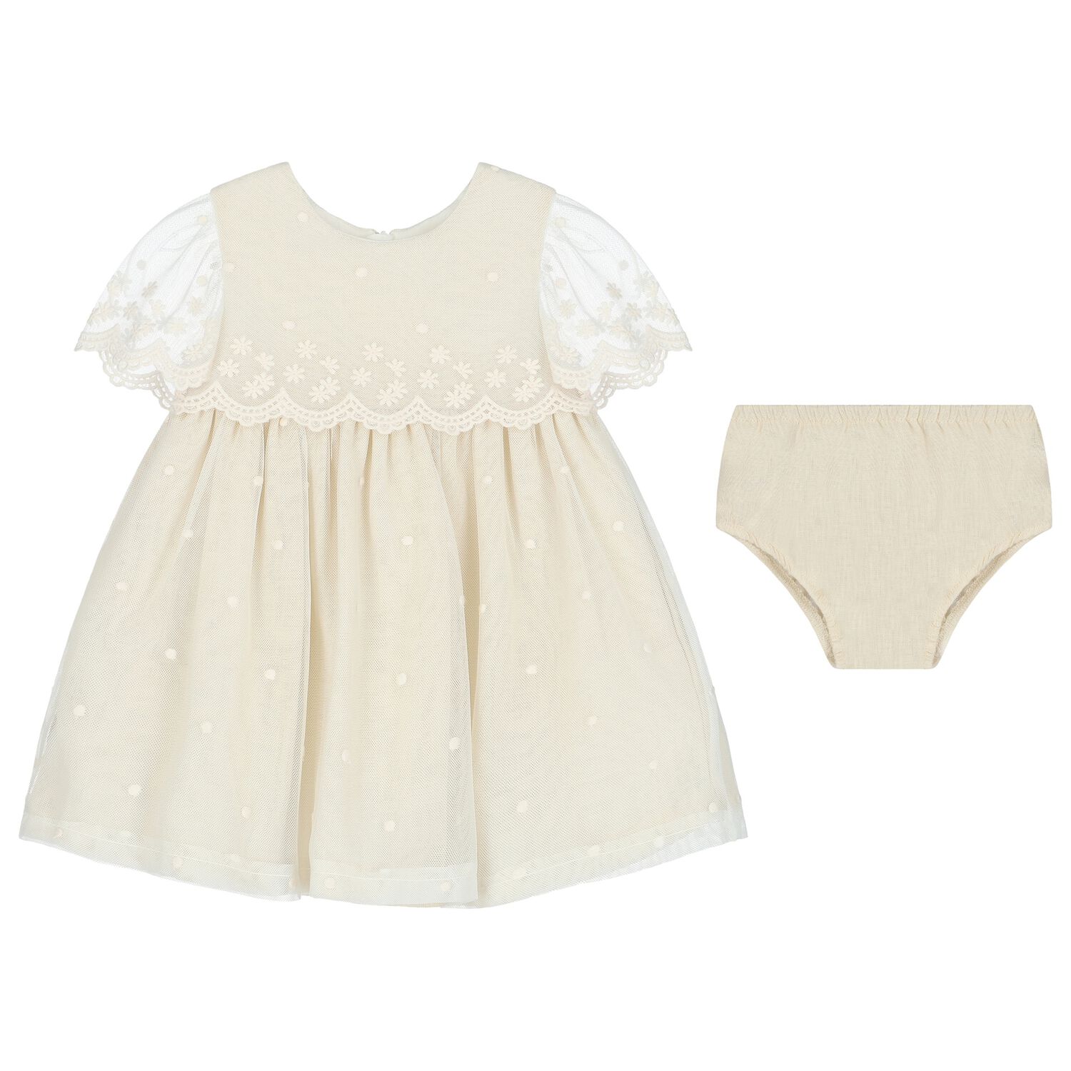 Baby Girls White & Beige Dress Set, 1, hi-res
