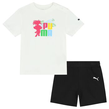 Younger Girls White & Black Trolls Shorts Set