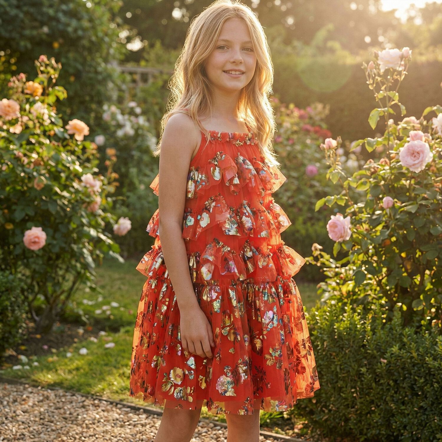 Girls Red Ruffled Tulle Dress, 2, hi-res