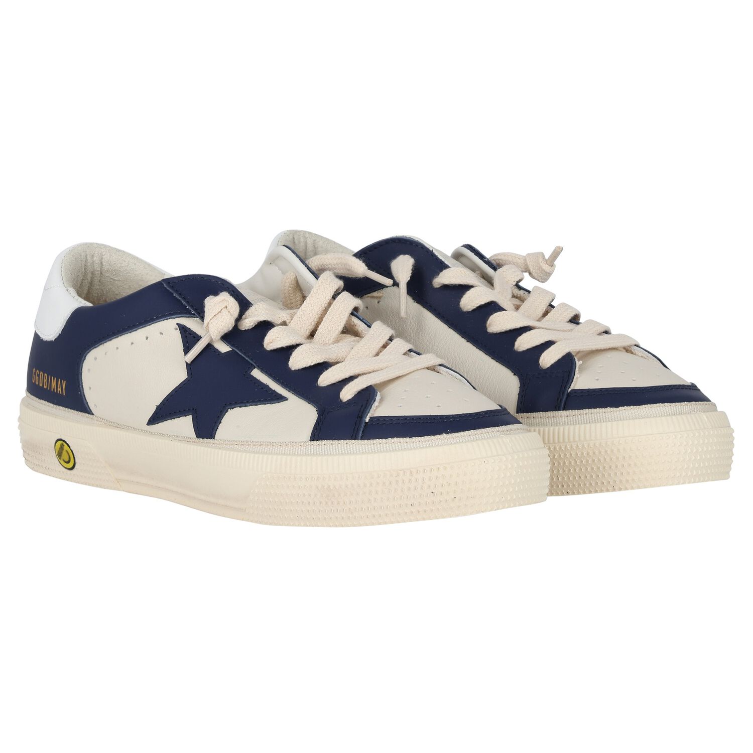 Boys Ivory & Blue Logo Leather Trainers, 1, hi-res
