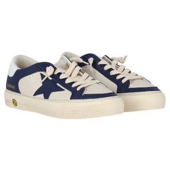 Boys Ivory & Blue Logo Leather Trainers