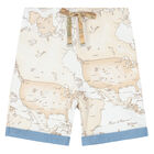 Younger Boys Beige Geo Map Shorts, 1, hi-res