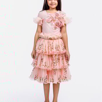 Girls Pink Embellished Sequin Skirt Set