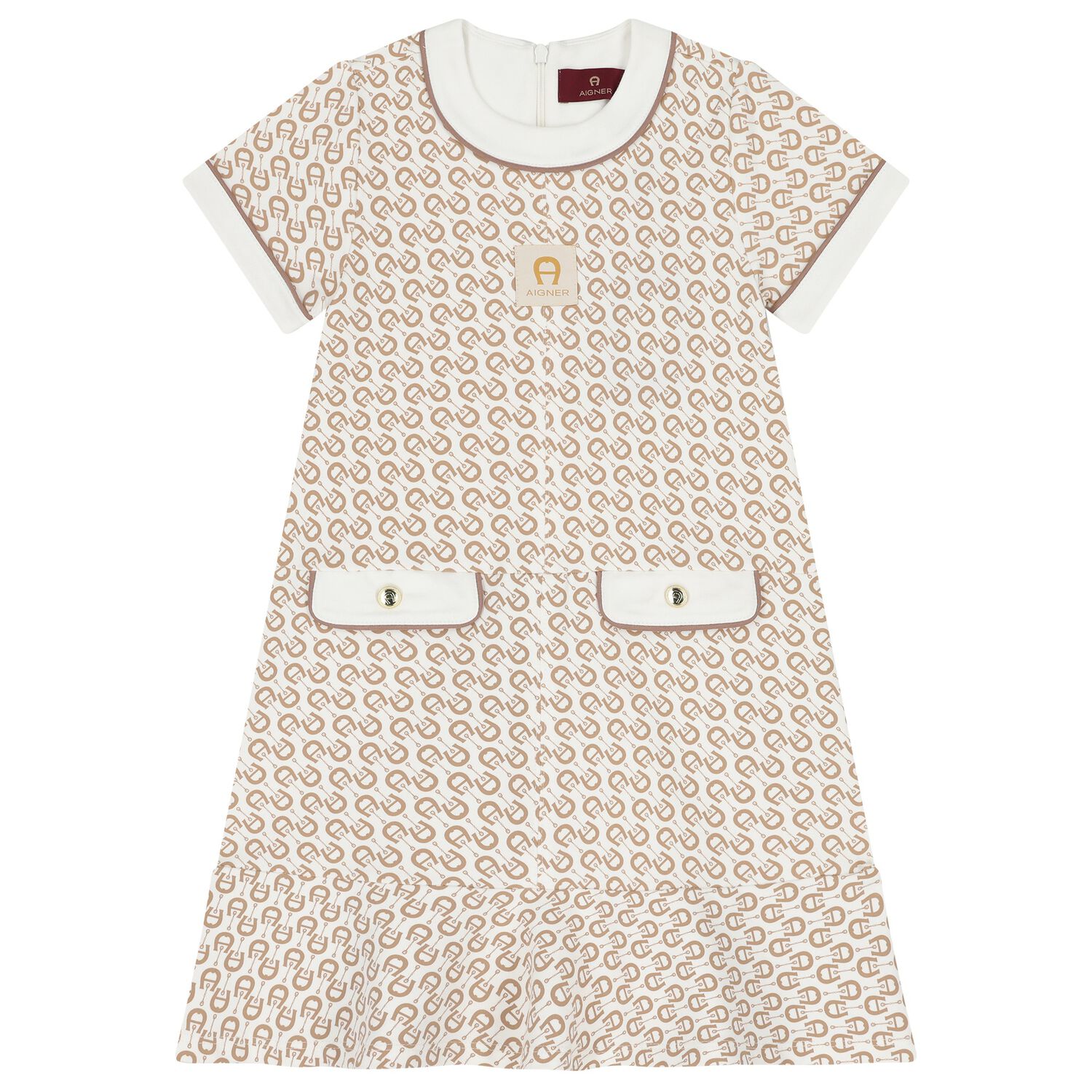 Girls Ivory & Beige Logo Dress, 1, hi-res