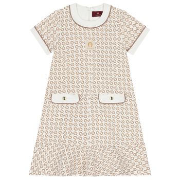 Girls Ivory & Beige Logo Dress