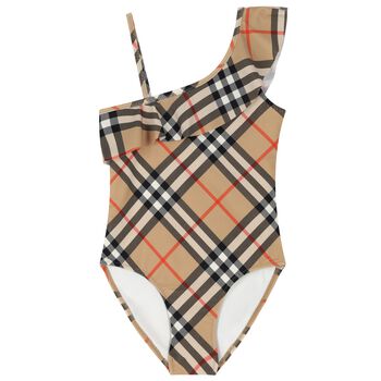 Girls Beige Check Swimsuit