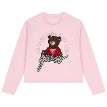 Girls Pink Teddy Bear Logo Long Sleeve Top