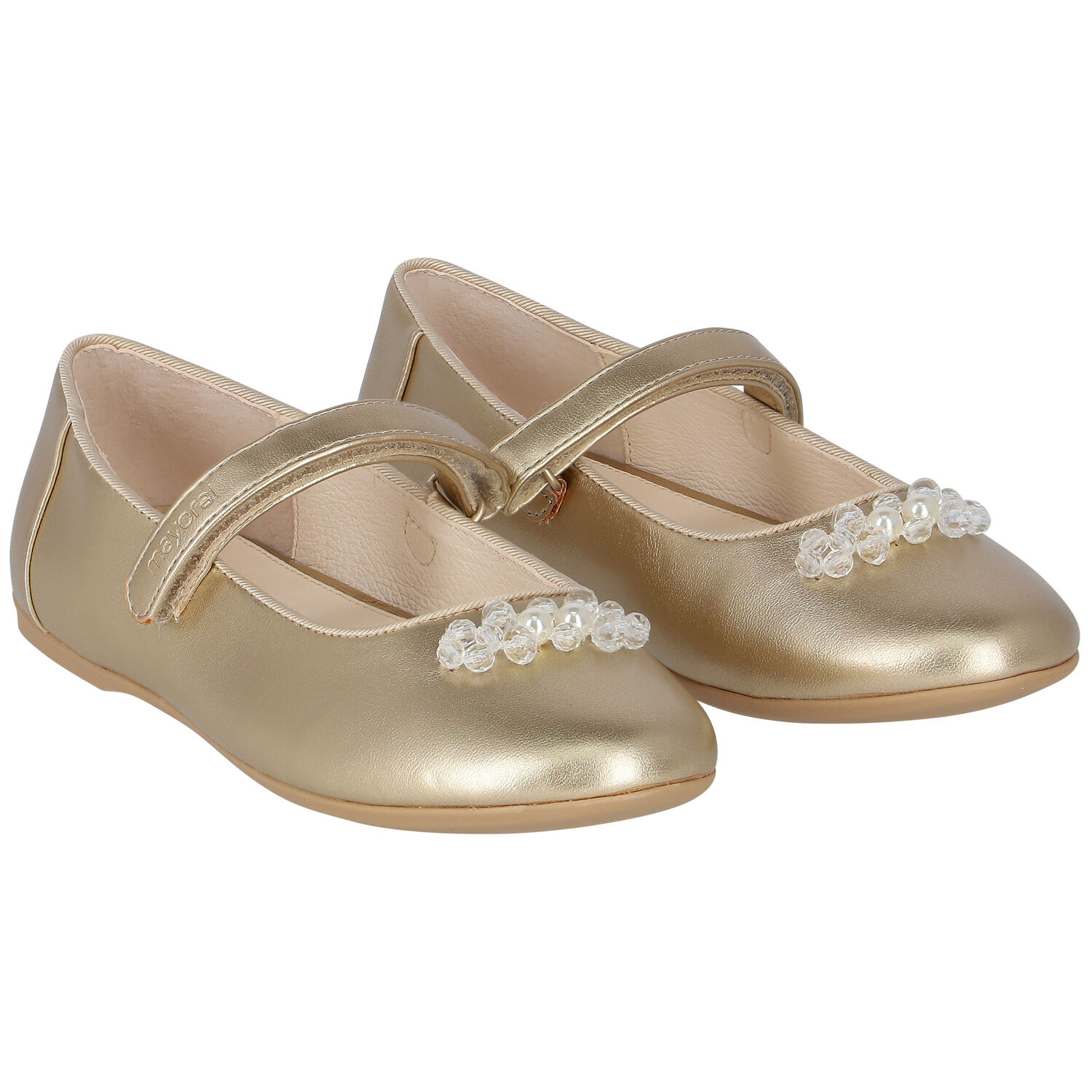Girls Gold Pearl & Crystal Ballerina Shoes, 1, hi-res