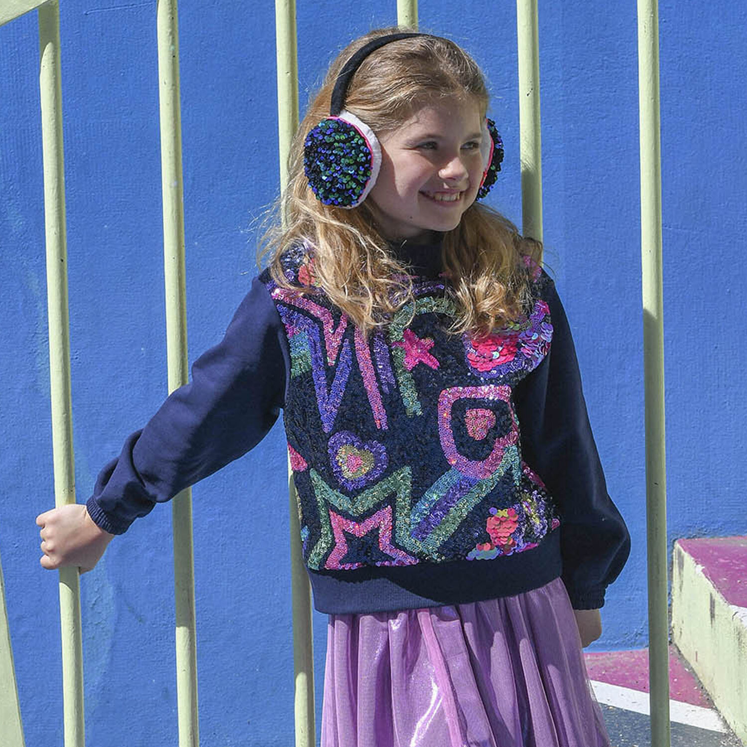 Girls Navy Blue Sequins Sweatshirt, 1, hi-res