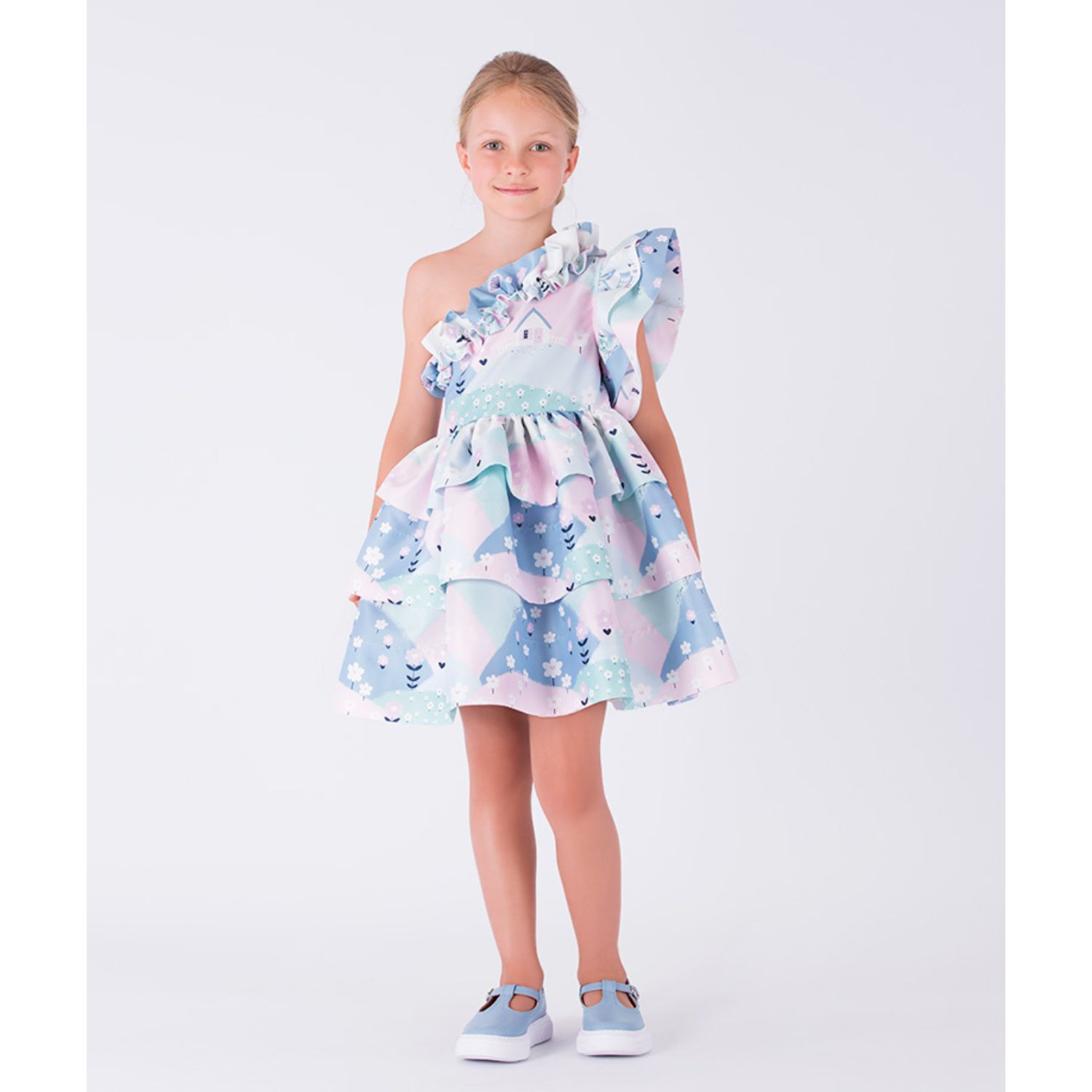 Girls Blue & Pink Satin Dress, 1, hi-res
