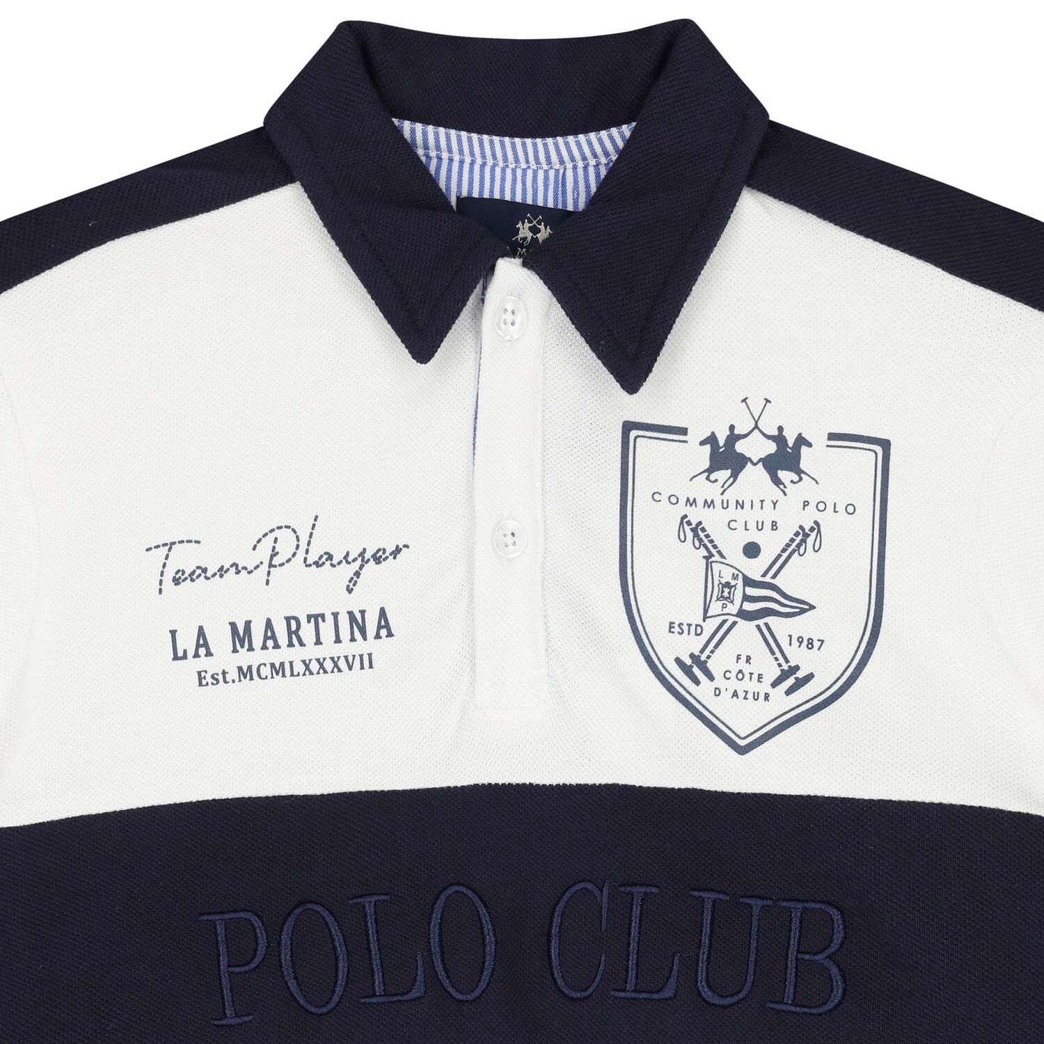 Boys White & Navy Blue Logo Polo Shirt, 1, hi-res