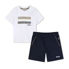 Younger Boys Mini Me Navy Blue & White Logo Shorts Set, 1, hi-res