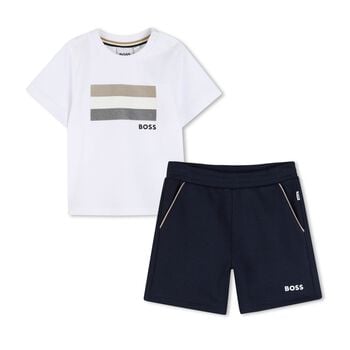 Younger Boys Mini Me Navy Blue & White Logo Shorts Set