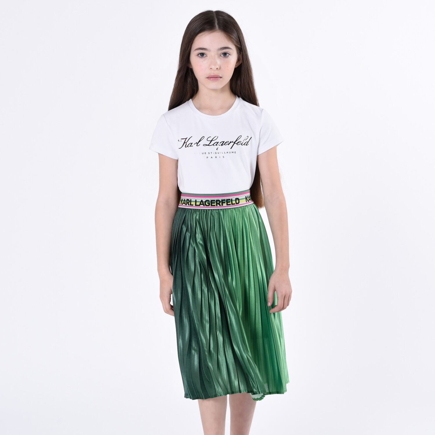 Girls Green Logo Pleated Skirt, 1, hi-res