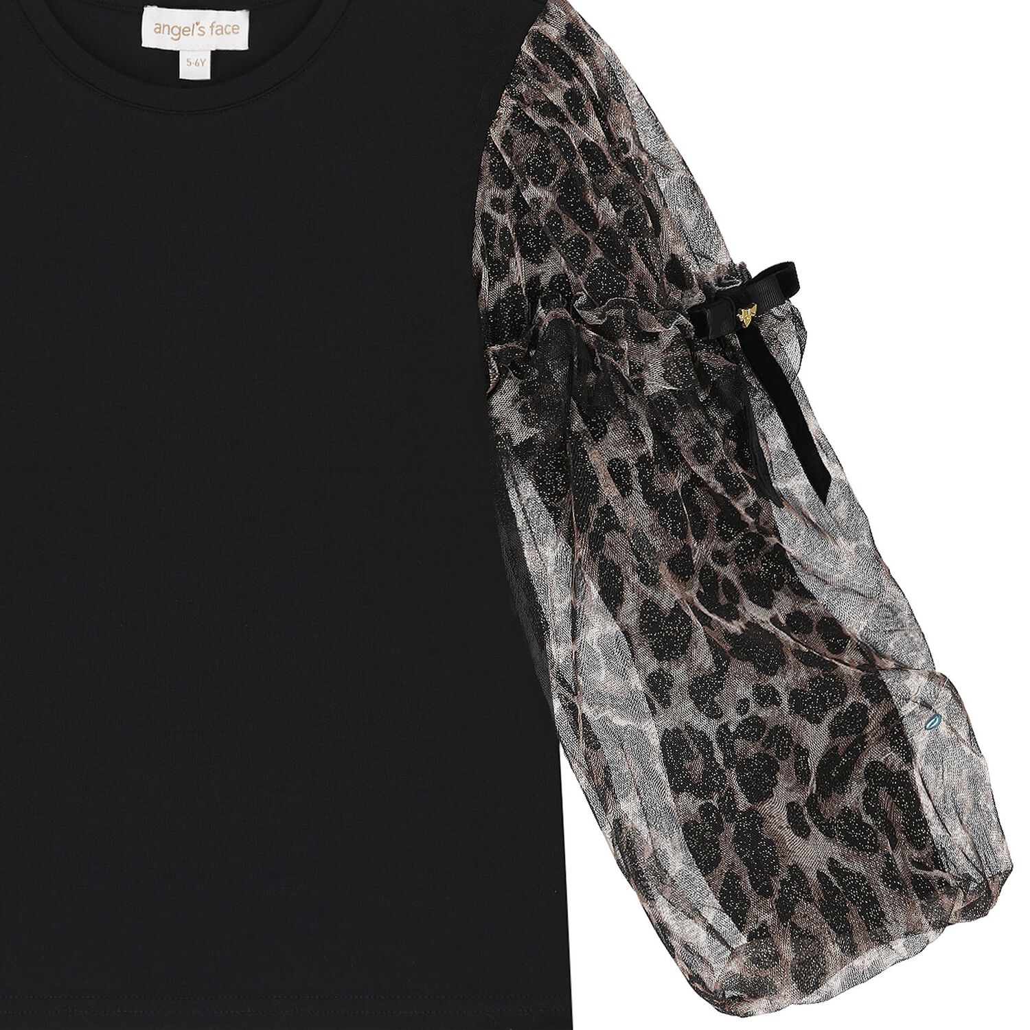 Girls Black Leopard Tulle Long Sleeve Top, 1, hi-res