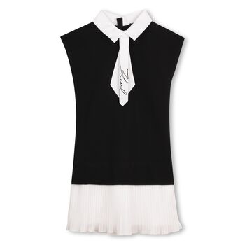 Girls Black & White Pleated Crepe Dress