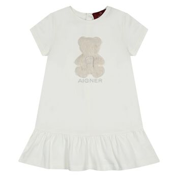 Younger Girls Ivory Faux Fur Teddy Bear Dress