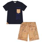 Boys Navy Blue & Beige Geo Map Shorts Set, 2, hi-res