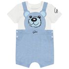 Baby Boys Blue & White Teddy Bear Dungaree Set, 1, hi-res