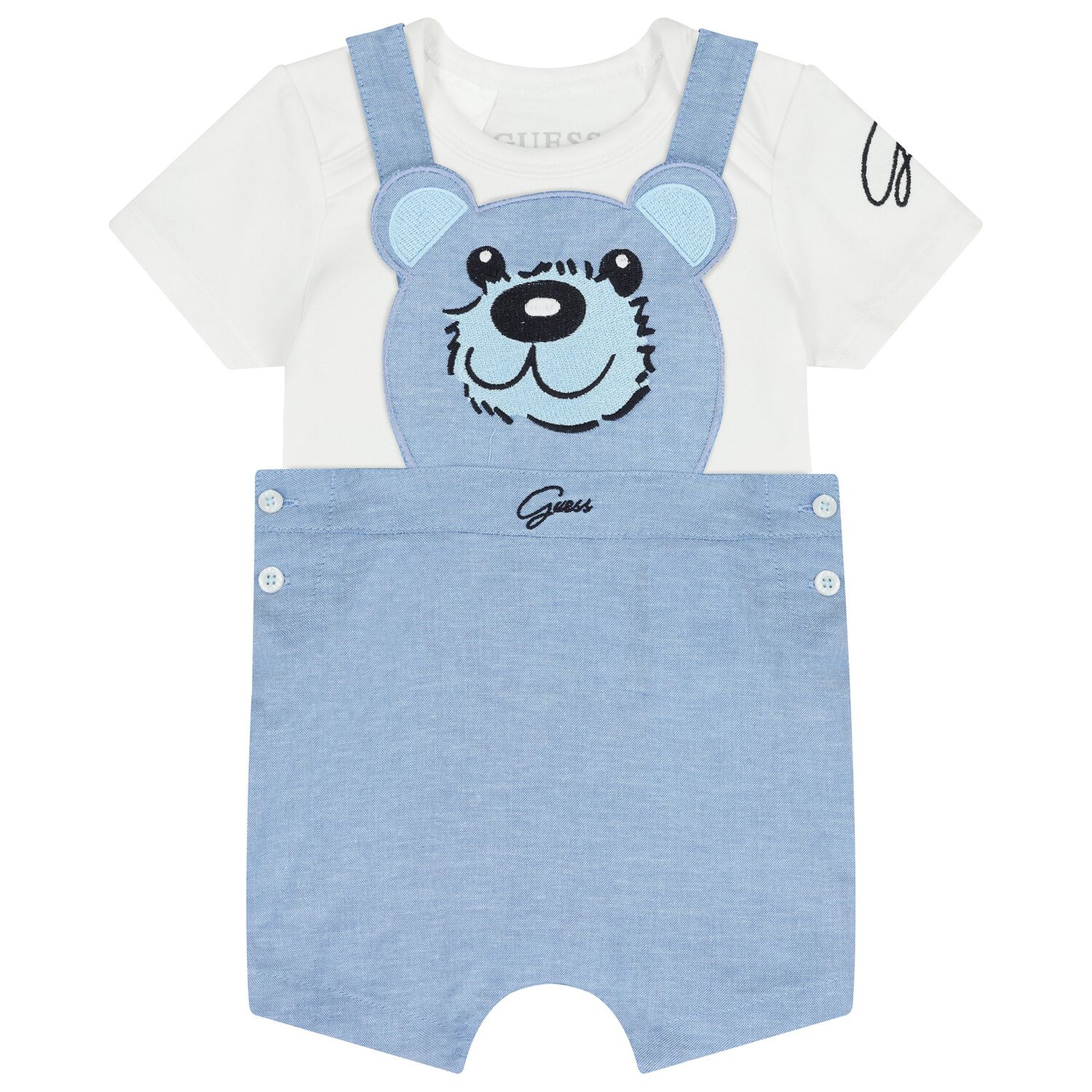 Baby Boys Blue & White Teddy Bear Dungaree Set, 1, hi-res