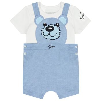Baby Boys Blue & White Teddy Bear Dungaree Set