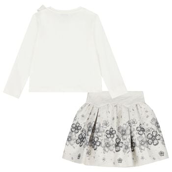 Girls White & Ivory Embellished Floral Skirt Set