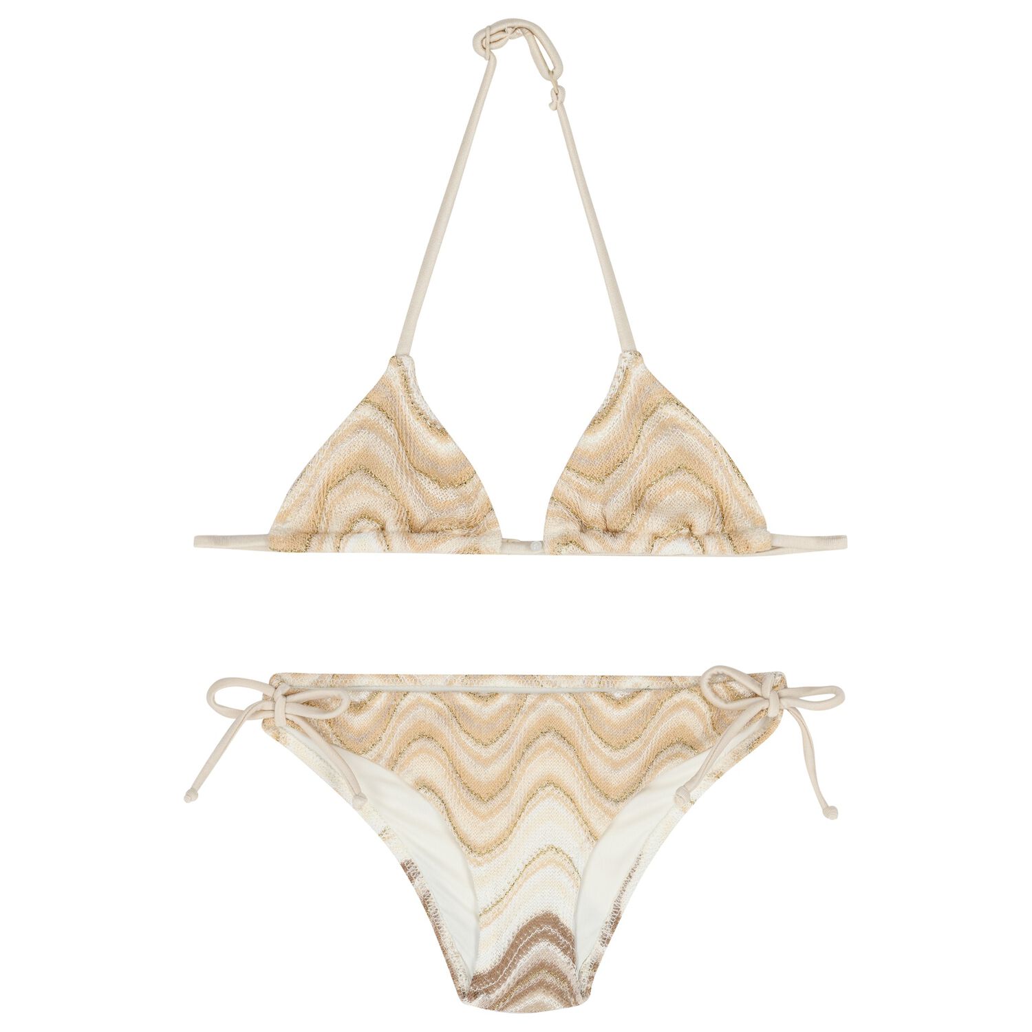 Girls Beige & Gold Striped Bikini, 1, hi-res