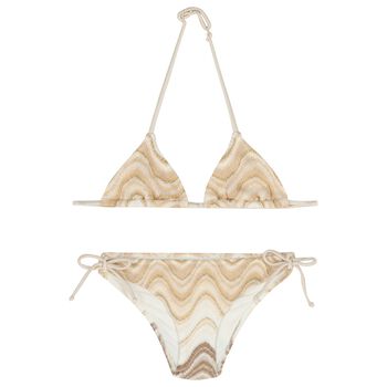 Girls Beige & Gold Striped Bikini