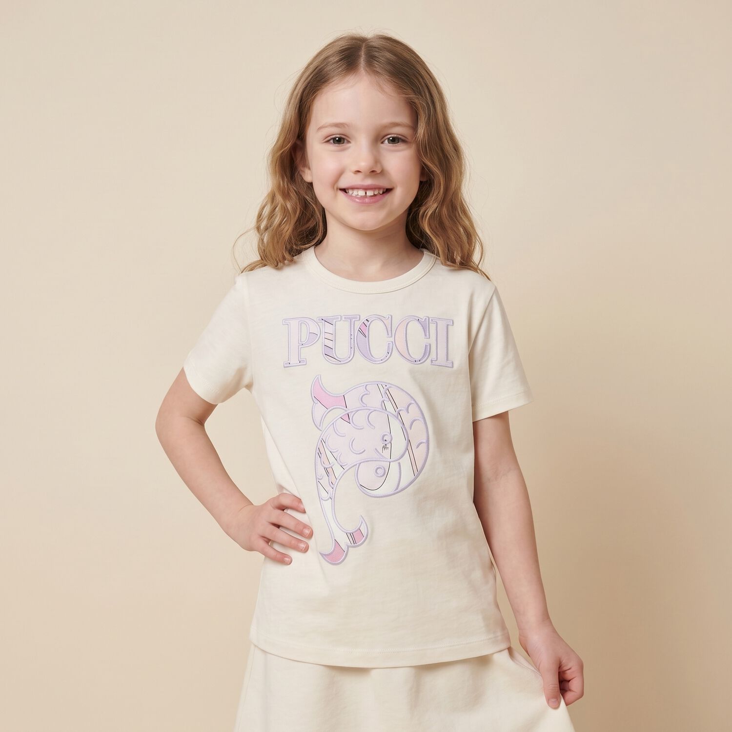 Girls Ivory Embroidered Logo T-Shirt, 2, hi-res