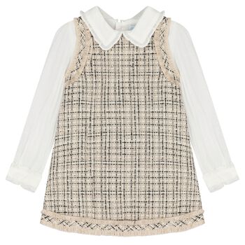 Girls Beige & White Tweed Pinafore Dress