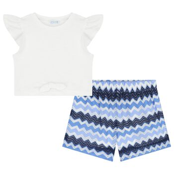 Girls White & Blue Zigzag Shorts Set