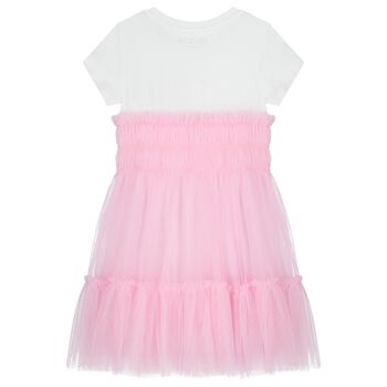 Girls White & Pink Logo Tulle Dress