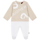 White & Beige Logo Babygrow, 1, hi-res