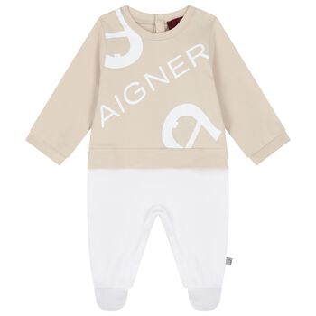 White & Beige Logo Babygrow