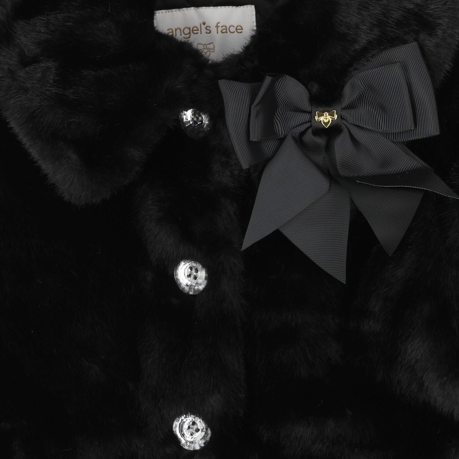 Girls Black Bow Faux Fur Jacket, 1, hi-res