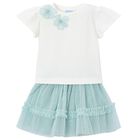 Girls White & Aqua Floral Tulle Skirt Set, 1, hi-res