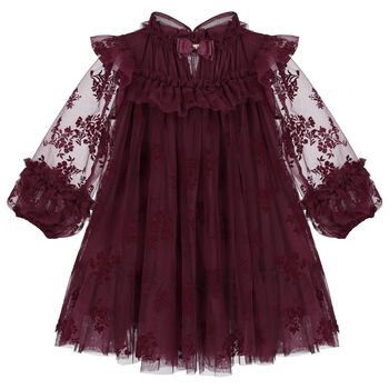 Girls Burgundy Floral Ruffled Tulle Dress