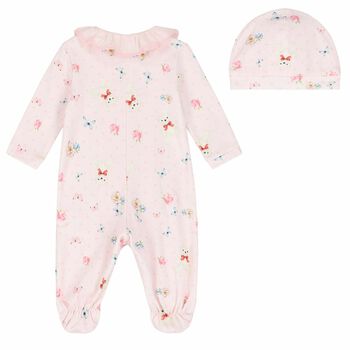 Baby Girls Pink Printed Babygrow & Hat Set