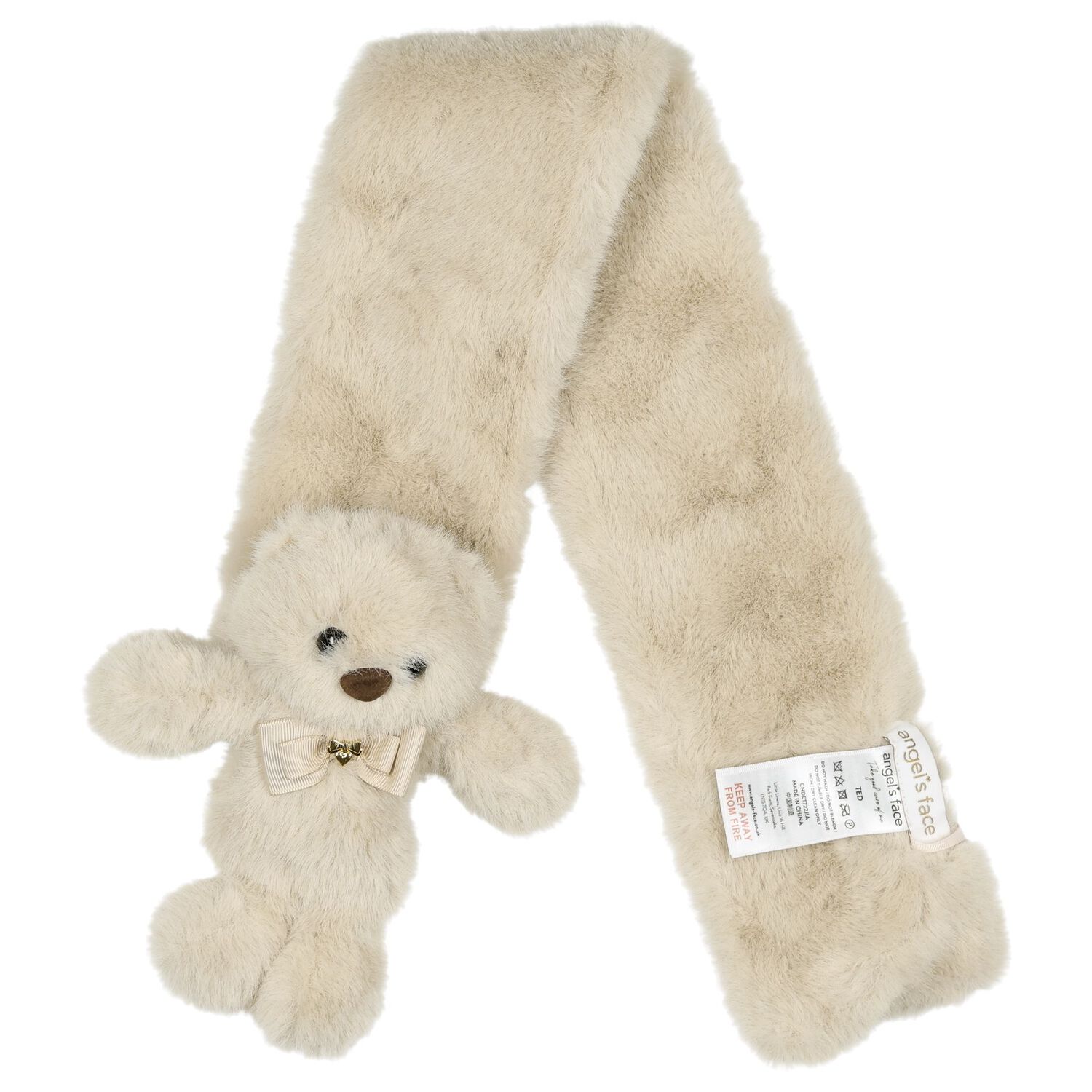 Girls Beige Faux Fur Ted Scarf , 1, hi-res