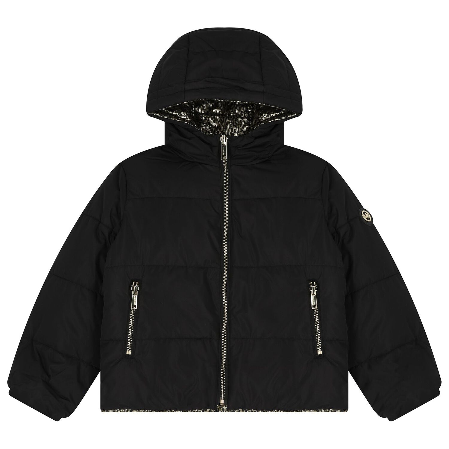 Girls Black & Silver Reversible Puffer Jacket, 1, hi-res