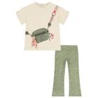 Girls Beige & Green Flower Leggings Set, 2, hi-res