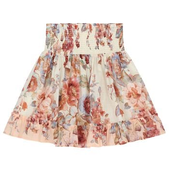 Girls Ivory & Pink Floral Shirred Skirt