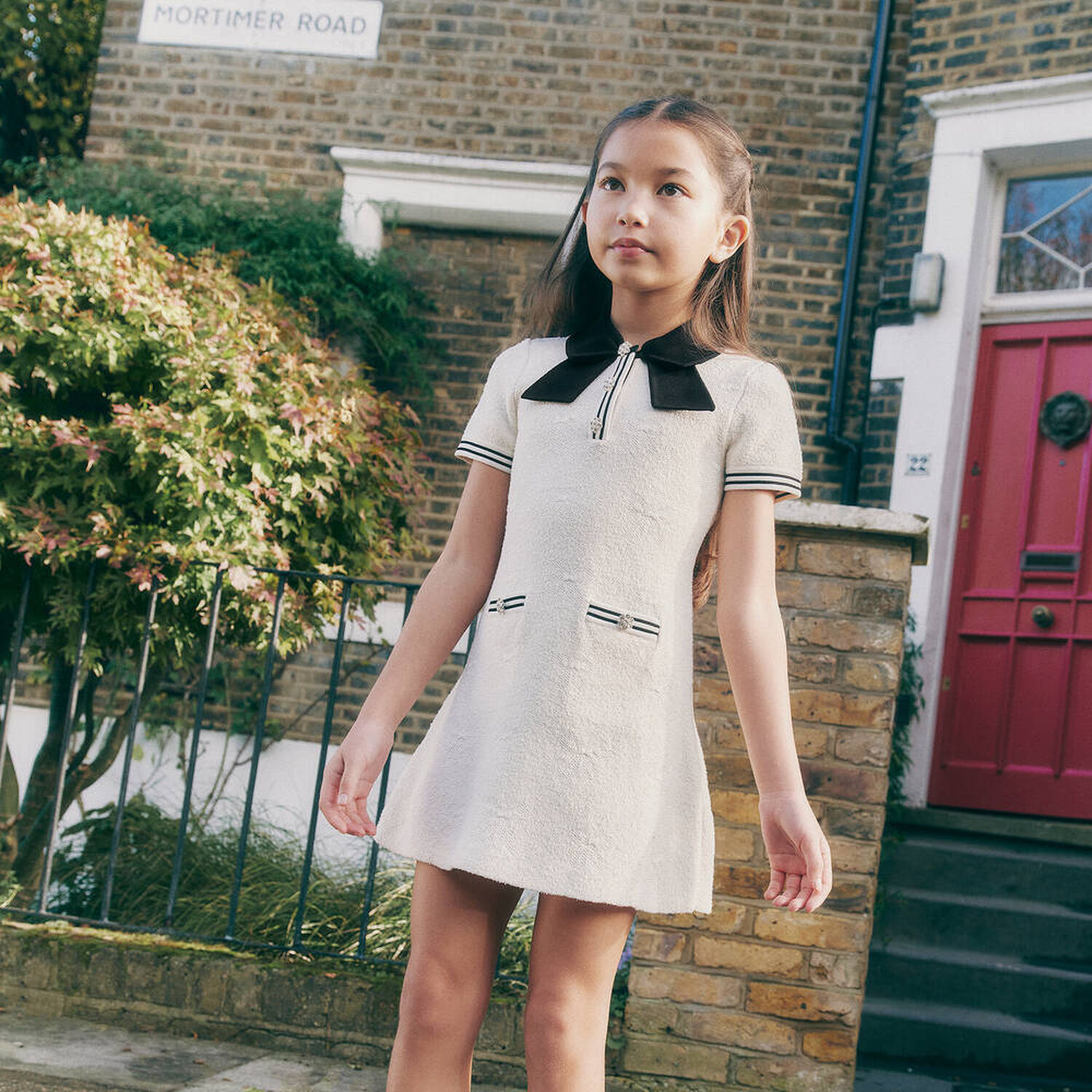 Girls White Jacquard Bow Dress, 1, hi-res