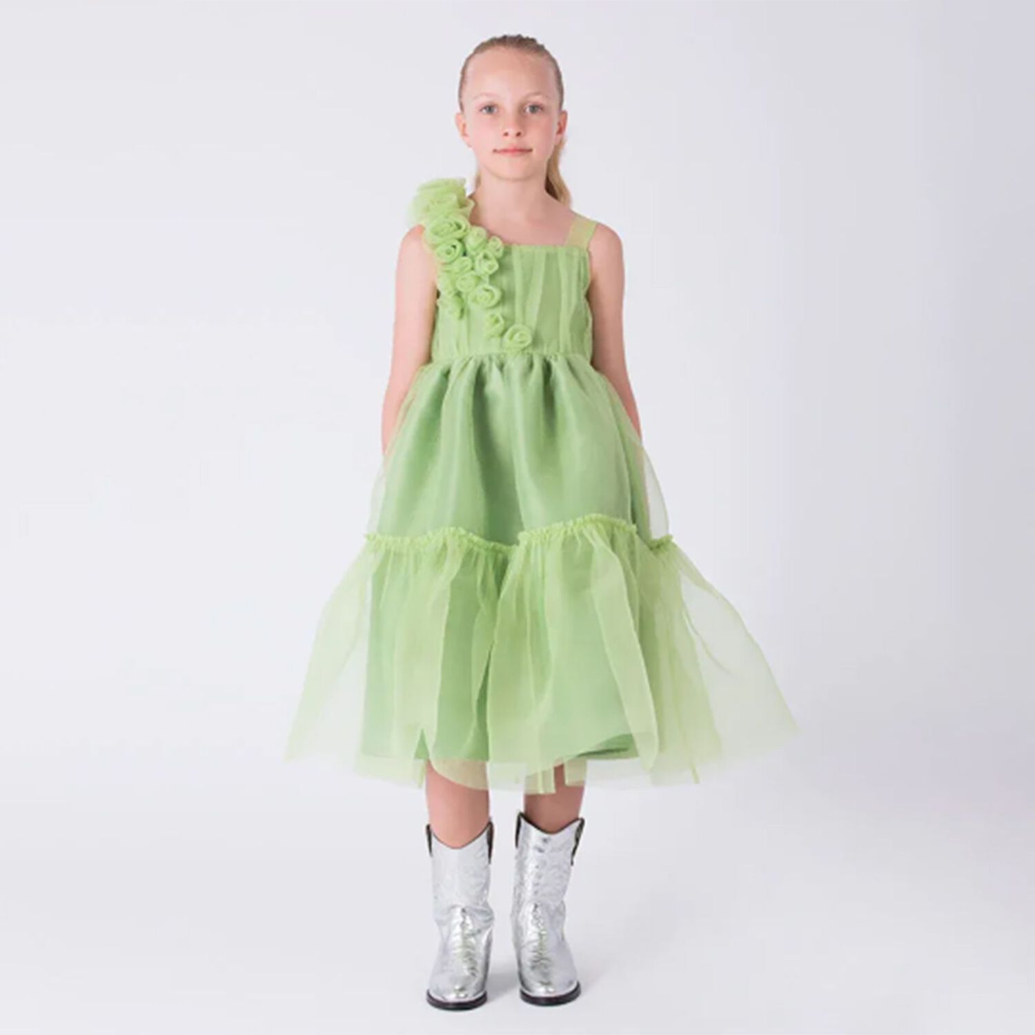 Girls Green Tiered Dress, 1, hi-res