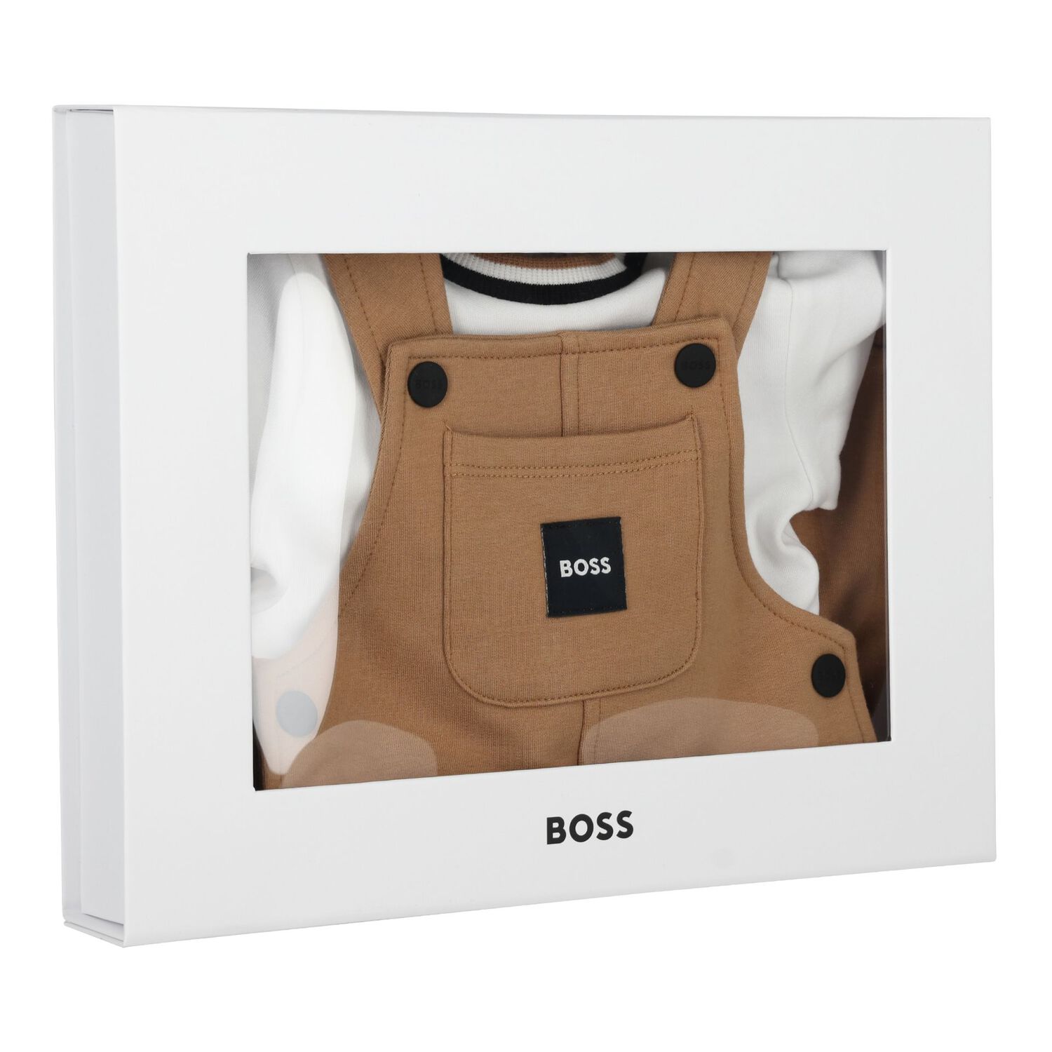 Baby Boys Beige & White Logo Dungaree Gift Set, 1, hi-res